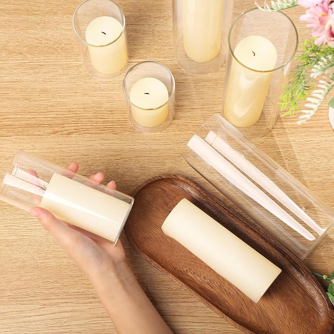 Shihanee Set of 6 Pillar Candles and Glass Cylinder Vases Assorted Sizes Cylinder Holders for Pillar Candles Home Table Centerpieces Wedding Party Decorations (Ivory)