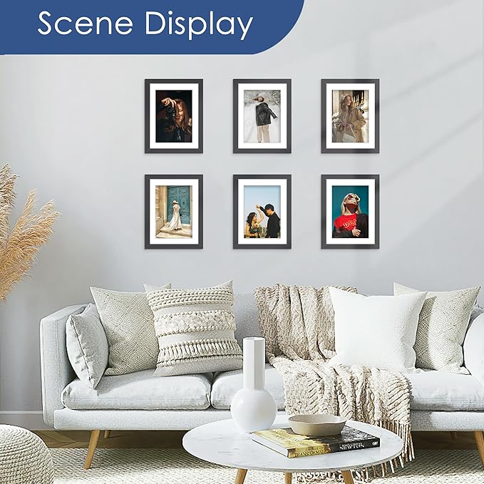 PEALSN 6x8 Picture Frame Set of 6, Display Pictures 5 x 7 with Mat or 6 x 8 without Mat for Wall Mounting or Table Top Display, Photo Frames Collage for Wall Decor, Black.