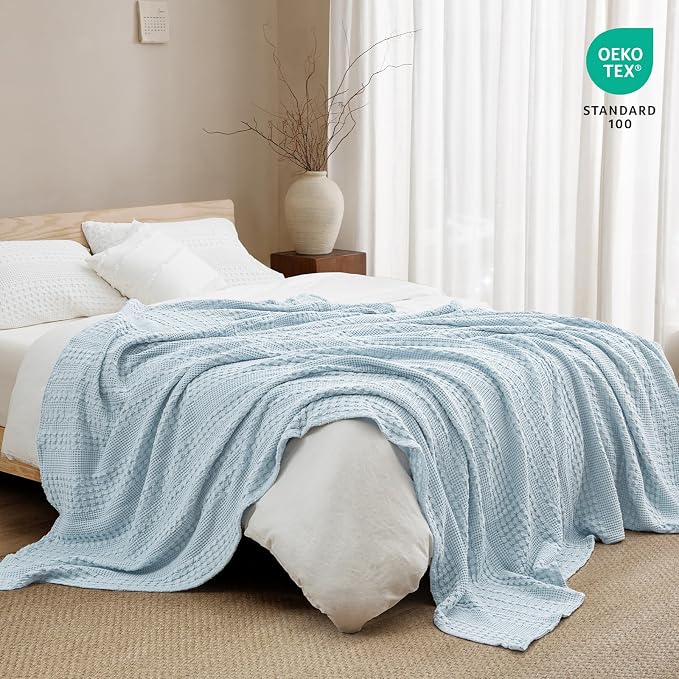 PHF 100% Cotton Waffle Blanket Twin Size for College Dorm, Lightweight Breathable and Soft for Summer, Luxury Aesthetic Waffle Weave Blanket for Bed & Gifts for Women, 66"x90", Sky Blue