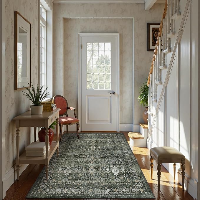 Lahome Margot Vintage 5x7 Area Rugs - Washable Non-Slip Boho Living Room Rugs for Under Table, Green Low Profile Soft Faux Wool for Bedroom, Dinning Room, Nursery, Playroom