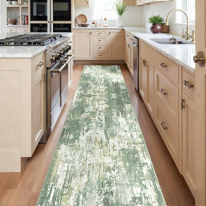RELEANY Washable Area Rugs 2'x8' Non-Slip Modern Abstract Soft for Living Room Entryway Bedroom Nursery, Print Pattern, Light Green/Yellow