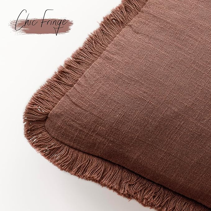 Foindtower Set of 2 Decorative Linen Fringe Throw Pillow Covers Boho Farmhouse Cushion Cover with Tassels Soft Accent Pillowcase for Couch Chair Sofa Bed Living Room Home Decor,18×18 Inch,Rust Red