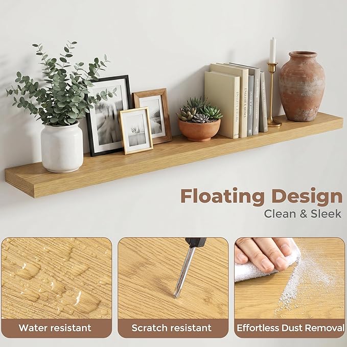 72 Inch Floating Shelves for Wall, 8"D Wood Storage Shelves, Oak Finish | Engineered Wood, Invisible Bracket, Large Storage, Easy Install, Hold Up to 99lbs, Living Room, Bathroom, Bedroom, Kitchen