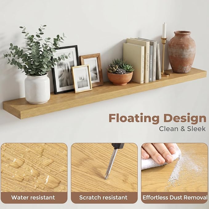 72 Inch Floating Shelves for Wall, 8"D Wood Storage Shelves, Oak Finish | Engineered Wood, Invisible Bracket, Large Storage, Easy Install, Hold Up to 99lbs, Living Room, Bathroom, Bedroom, Kitchen