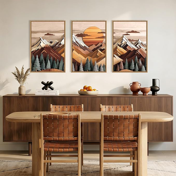 KAIRNE Woodcut Style Mountain Framed Canvas Wall Art Set,Wooden Pine Tree Wall Decor,Vintage Forest Landscape Art Prints,Nature Sunrise Artwork for Living Room,Bedroom,Farmhouse,Office-24 x36 x3
