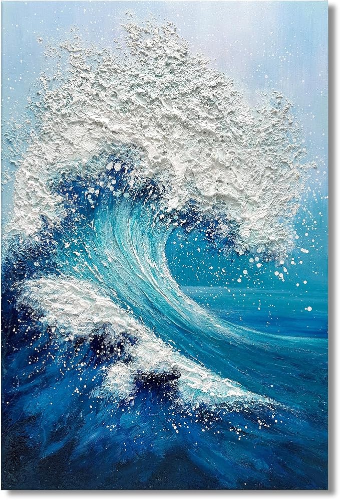 Large Abstract Blue Ocean Wave Wall Art, 3D Textured Vertical Oil Painting | 24x36 In Hand-Painted Canvas Textured Ocean Waves Wall Decor for Living Room Bedroom Office, Minimalist Coastal Artwork