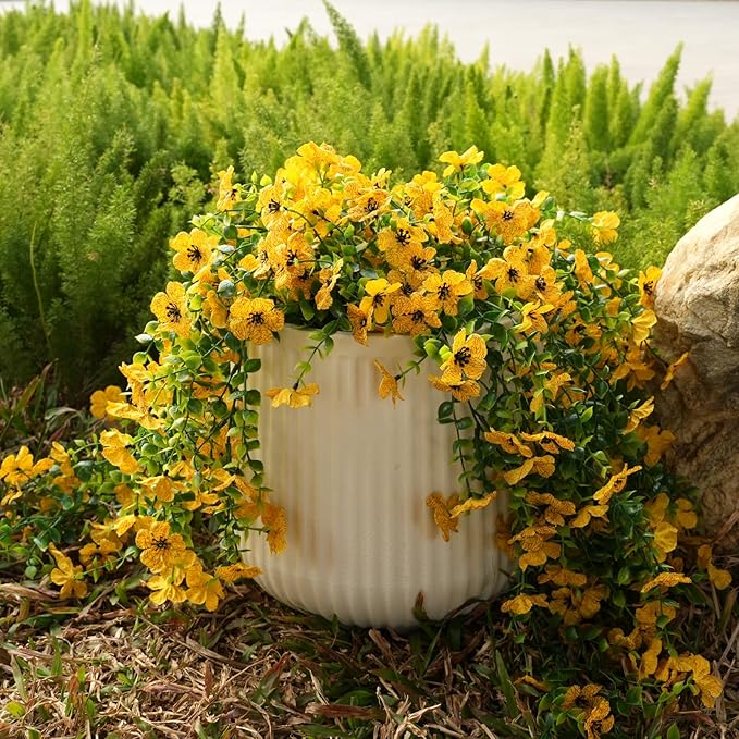 Fanfantoey 3Pcs Artificial Flowers for Outdoors, UV Resistant Fake Flowers, Realistic Artificial Hanging Flowers, Fake Plants Silk Daisy Vines for Spring Summer Outdoor Decor(Yellow)