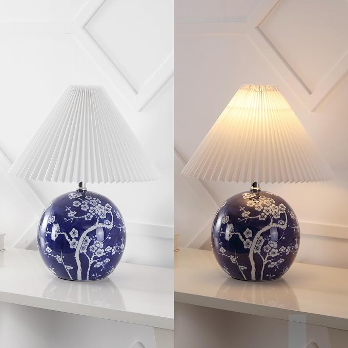 JONATHAN Y 19.5" Navy/White Shishen Chinoiserie Ceramic Table Lamp, Traditional Hand-Painted Floral Cottage Lamp with White Pleated Linen Shade, LED Bulb Included (JYL5056C)