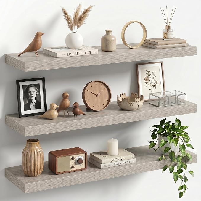 30" Floating Shelves for Wall, Set of 3, 8" Deep, 1.5" Thick, Gray | Rustic Wood Wall Shelves with Invisible Brackets, Storage and Display for Bathroom, Bedroom, Living Room or Kitchen