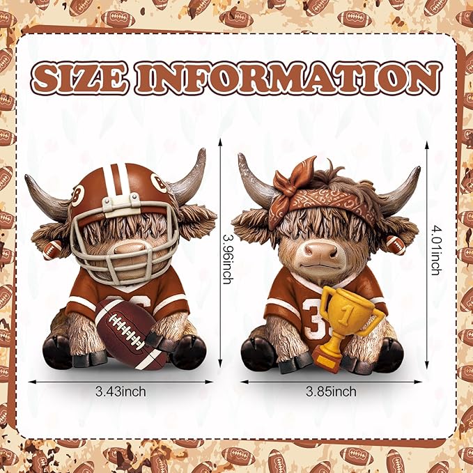 Wesiti 2 Pcs Football Highland Cow Figurines Resin Sport Ornament Set, Cute Bull Statue with Helmet and Trophy, American Football Fan Gifts for Players Coaches Team Table Decor