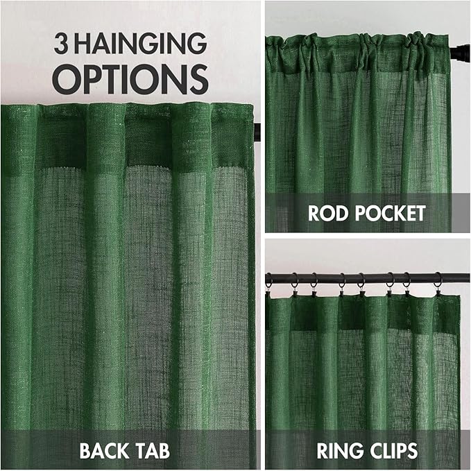 MIULEE Emerald Green Linen Curtains 96 Inch Long for Bedroom Living Room, Soft Thick Linen Textured Window Drapes Semi Sheer Light Filtering Rod Pocket Back Tab Christmas Burlap Look, 2 Panels