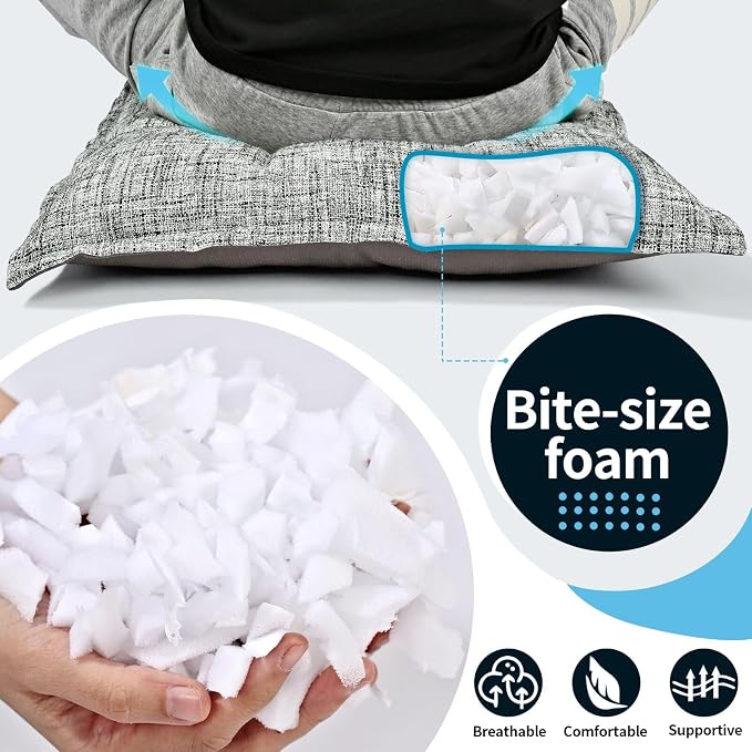 SINSOSSO Large Floor Pillows 22", Thickened Bite-Size Memory Foam Square Non-Slip Cushions for Office Back Support/Yoga/Chair Seat, Fashionable Color-Blocked Fabric & Washable, White-Gray, 2 PCS