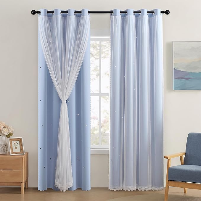 XiDi Light Blue Blackout Curtains for Girls Bedroom Living Room 84 Inches Long 2 Panels Star Curtains Boys Kids Room Darkening Thermal Insulated Drapes Grommet Noise Reduction Window Treatments 34x84