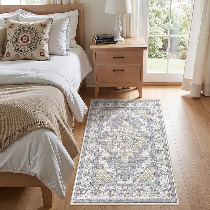 Tortania Area Rug Living Room Rugs - 3x5 Washable Rug Vintage Oriental Distressed Farmhouse Small Thin Indoor Carpet for Living Room Bedroom Under Dining Table Home Office - Blue Beige