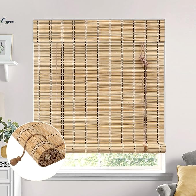 No Tool No Drill Bamboo Blinds for Interior Windows, Bamboo Shades for Indoor Windows, Roller Shades for Indoor Window and Outdoor Patio, Easy to Install for Home & Porches