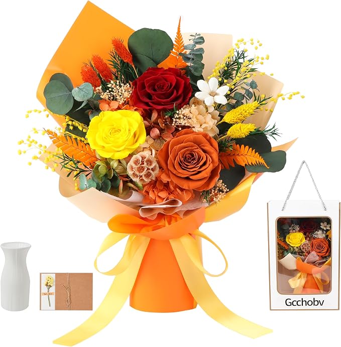 Preserved Flowers Bouquet, Real Eternal Flowers, Gifts For Women, Birthday Gifts For Mom Friends Her Girlfriend Sister, Valentine (orange)