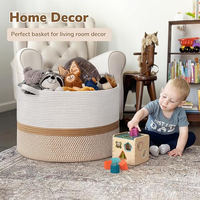 INDRESSME XXXLarge Cotton Rope Basket 21.7" x 21.7" x 13.8" Woven Baby laundry Blanket Basket for Home Decor Living Room Nursery, Toy Storage Baskets for Kids Boys Girls, White & Camel Mix