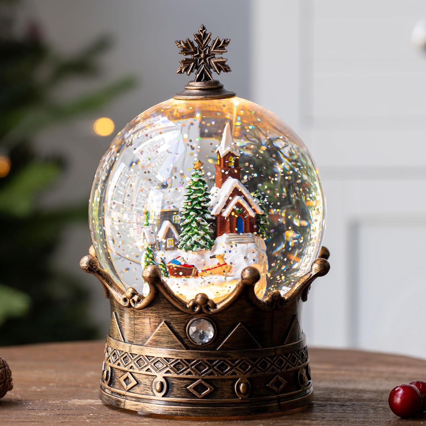 Christmas Snow Globe Lantern Water Glittering Village & Santa Crown with Music, USB Lined/Battery Operated Lighted Lantern for Christmas Festival Decoration Gifts