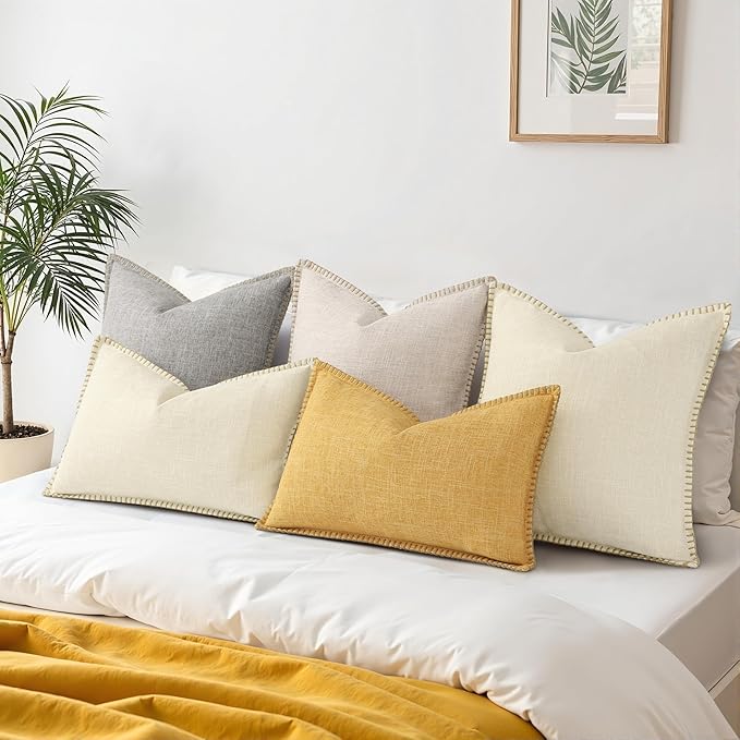 decorUhome Summer Decorative Throw Pillow Covers 20x20 Set of 2 Square Faux Linen Farmhouse Pillow Covers with Stitched Edge Outdoor Neutral Pillow Covers for Couch Sofa Living Room, Cream White