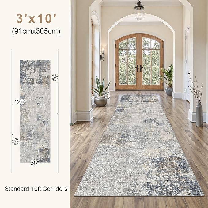 UERMEI 3X10 Washable Runner Rug for Hallway: Soft Neutral Modern Abstract Area Rug - Non-Slip Low Pile Long Throw Indoor Carpet for Kitchen Entryway Kitchen Bedroom Laundry - Blue Grey