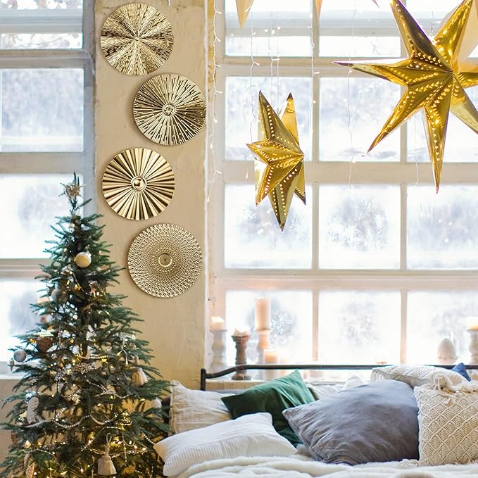 Hicarer 4 Pcs 12 Inch Metal Wall Art Decor Sunburst Hanging Metal Artwork Decor Wall Art Decorations for Home Living Room Office Gift for Christmas(Gold)