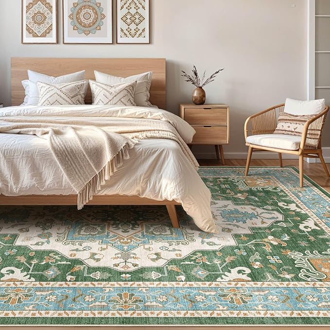7x9 Area Rug Living Room: Washable Boho Large Neutral Vintage Soft Rug Stain Resistant Farmhouse Non-Slip Indoor Floor Retro Carpet for Bedroom Nursery Kids Office Dining Room- Green Multi