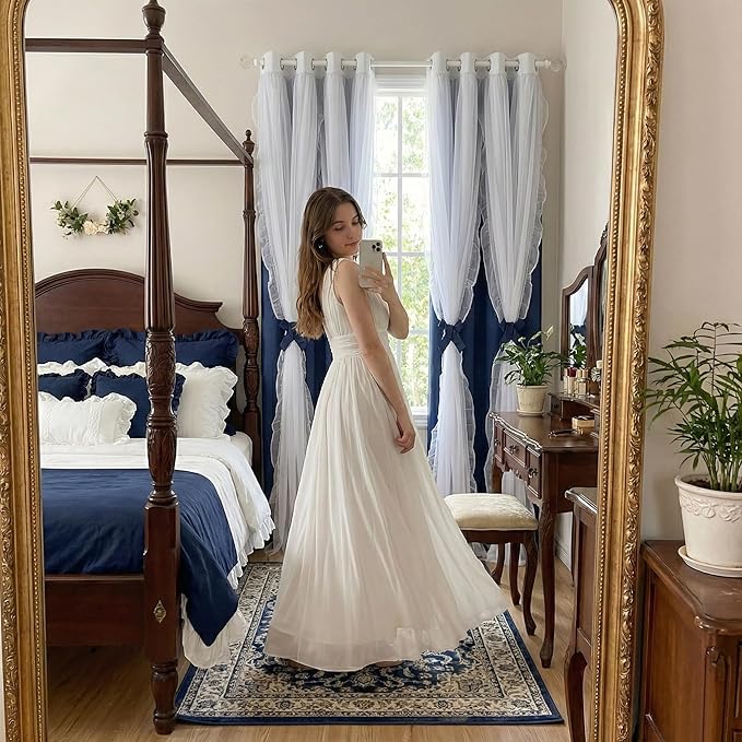 PONY DANCE Gradient Kids Curtains for Bedroom Decorative Drapes, Double Layer Curtain Ruffle Sheer Overlay Room Darkening Pretty Chic Princess, 52x84 inch, Ombre-Blue, 2 PCs