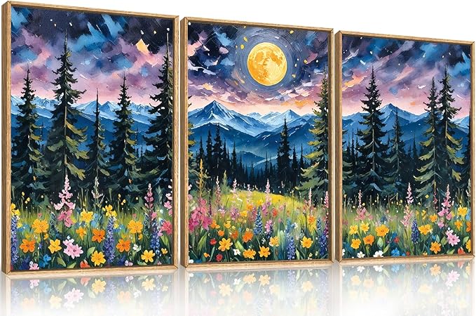 DRACIT Vintage Colorful Mystical Forest Moon Framed Canvas Wall Art Set,Dreamy Moonlit Nature Wilderness Wall Decor,Abstract Midnight Mountain Wildflowers Pine Tree Landscape Artwork for Living Room-24"x36"x3