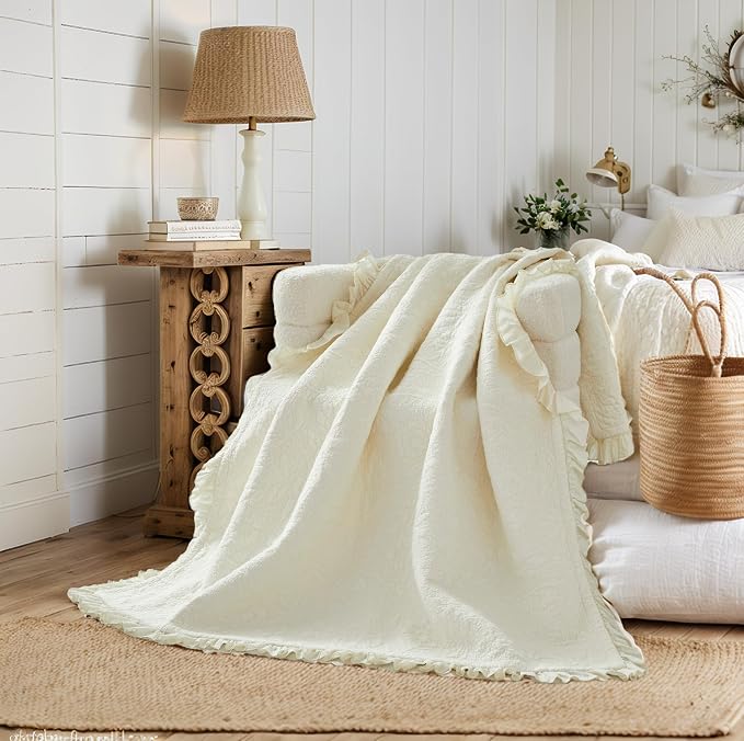 Brandream Cream Yellow White Ruffle Quilted Throw Blanket Cotton Throws for Bed Couch Daybed 47 X 60 Inch Decorative Blankets