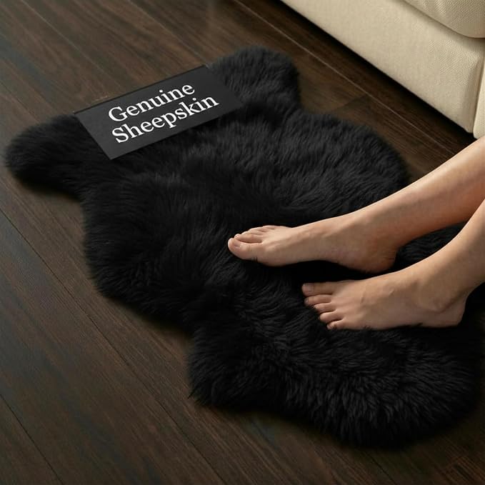 Genuine Sheepskin Rug 2x3 Ft – Soft & Fluffy Single Pelt Black Lambskin – Area Rug or Chair Cover Throw – Made in Argentina