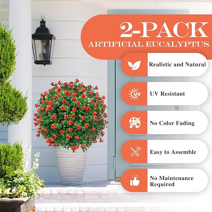 FAJUNZH Artificial Topiary Bushes for Outdoors with Spike, Boxwood Ball Fake Shrubs UV Resistant Faux Plants for Indoor Outdoor Fall Thanksgiving Halloween Decor (Artificial Boxwood Ball Bush-Red)