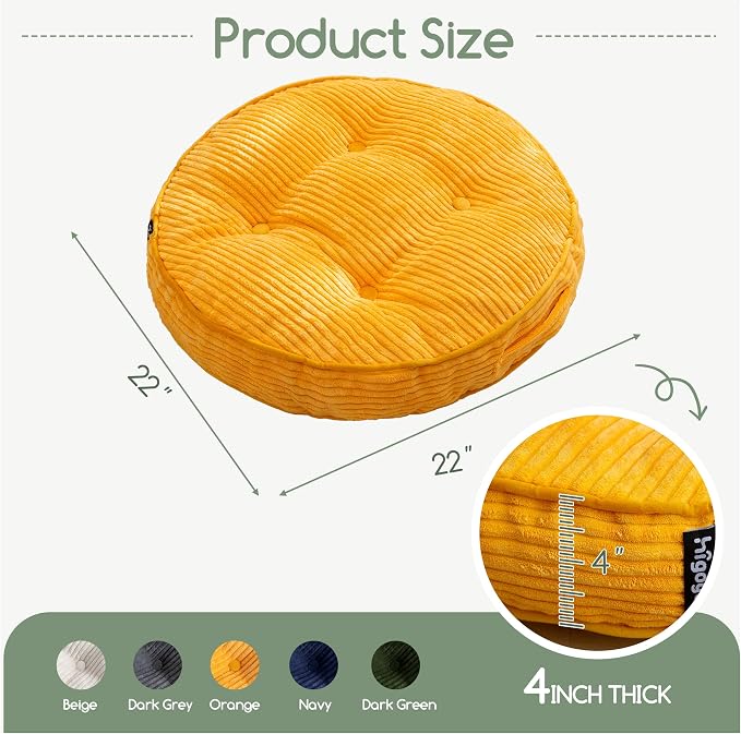 HIGOGOGO Floor Pillow Cushion for Adults, Meditation Cushion Pillow, Large Round Floor Sitting, Tufted Corduroy Cover, for Tatami Living Room or Yoga, 22x22 Inch, Orange