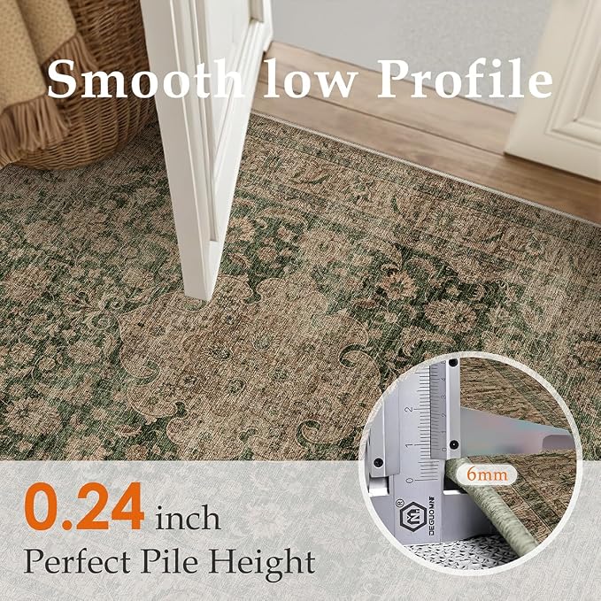 2x5 Washable Runner Rug Green Brown Vintage Non Slip Soft Low Pile Hallway Kitchen Rug Distressed Oriental Carpet for Laundry Bathroom Bedroom Living Room Home Decor