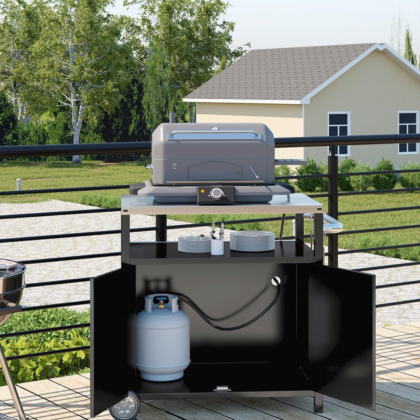 Outdoor Grill Cart with Storage Cabinet Stainless Steel Prep Stand with Storage Cabinet and Wheels Movable Whole Portable Table Outdoor Rolling Prep Station Kitchen Island Pizza Oven Table for Garden