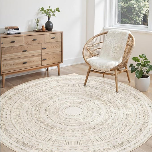 cotiled 6x6 Round Area Rug Living Room: Washable Boho Rugs with Non Slip Backing Large Soft Indoor Stain Resistant Carpet for Bedroom Farmhouse Dining Room Lightweight Home Decor Brown/Cream