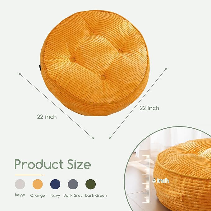 HIGOGOGO 6" Extra Thick Floor Pillow Cushion for Adults, Meditation Cushion Pillow, Large Round Floor Sitting, Tufted Corduroy Cover, for Tatami Living Room or Yoga, 22x22 Inch, Orange