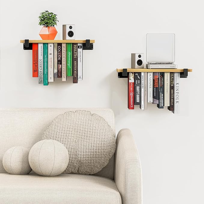 NANATI 2 Set of Floating Bookshelf, Pine Wood Invisible Bookshelf, Hanging Bookshelves for Wall, Unique Space Saving Wall Bookcase (16.5L×8.7W×1.5H)