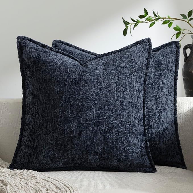 DEZENE Pack of 2 Navy Decorative Throw Pillow Covers 16x16 Cozy Soft Chenille Accent Vintage Square Couch Pillow Covers for Home Decor Bed Sofa Living Room