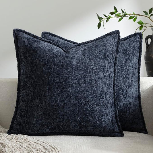 DEZENE Pack of 2 Navy Decorative Throw Pillow Covers 22x22 Cozy Soft Chenille Accent Vintage Square Couch Pillow Covers for Home Decor Bed Sofa Living Room