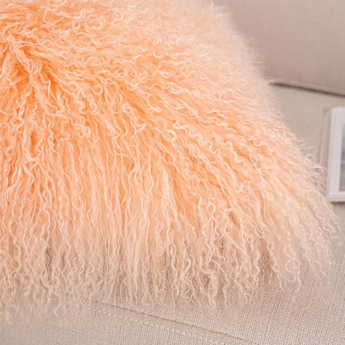Mongolian Lamb Fur Throw Pillow Cover (16'' x 16'', Pink) Sheep Fur Decorative Cushion Cover Case Home Decorative Square Throw Pillow Cover Plain Wool Pillow Protector