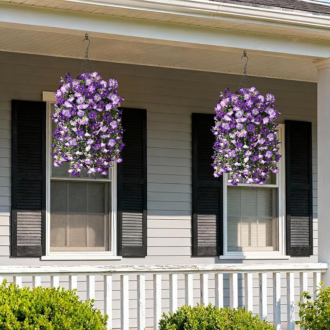 Artificial Fake Flowers Plants for Outdoor Spring Summer Decoration,2 PCS Faux Silk Morning Glory with Eucalyptus Leaves,UV Resistant Realistic Outdoor Flowers for Balcony Porch Patio Yard Garden