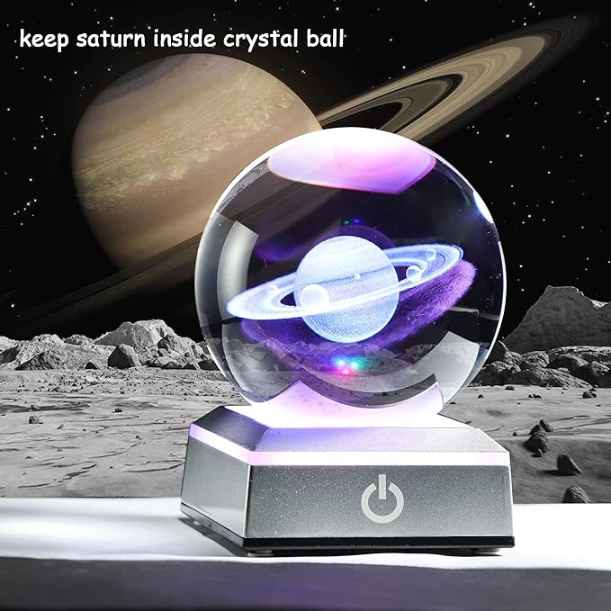Ornalrist 3D Saturn Crystal Ball, Outer Space Planet Lamp with Silver LED Base, Glass Sphere Miniatures Saturn Lamp Astronomy Physics Science Gifts for Women, Men, Kid Home Decor (3.15 inch)