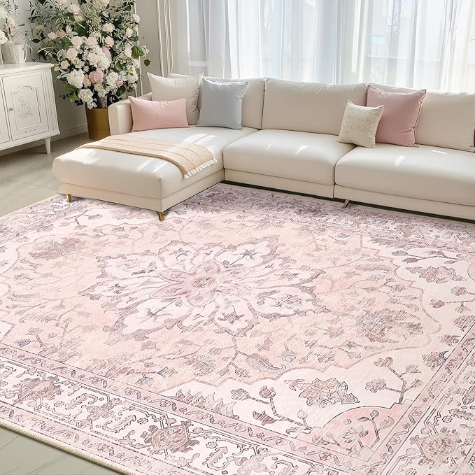 RELEANY Area Rugs 8'x10' Washable Non-Slip, Floral Vintage Distress Print Pattern Medallion Carpet for Living Room Bedroom Dining Room, Pink Greypink Cute
