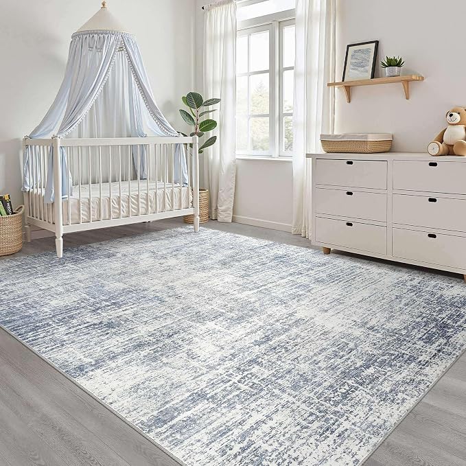 12x18 Rug for Living Room: Washable Large Neutral Blue Area Rug Abstract Soft Modern Stain Resistant Indoor Floor Non-Slip Carpet for Bedroom Nursery Kids Office Playroom Dining Room Under Table Home