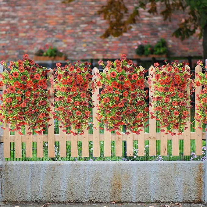 Homsunny Artificial Fake Flowers Plants for Outdoor Decoration, 2 PCS Faux Mums Summer Flowers for Outside UV Resistant Realistic for Porch Patio Garden Yard Balcony Home Decor(Red Brown)
