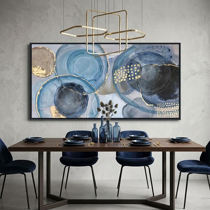 YDYSUNE Blue Abstract Wall Art for Living Room,Large Framed Canvas Wall Decor for Office,Modern Minimalist Geometric Circle Painting Print,Room Artwork Decoration Ready to Hang Size 29x58 Inches