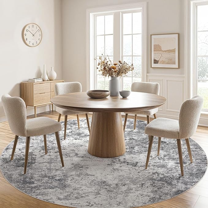 UERMEI 8ft Round Area Rug Living Room Rugs - 8x8 Washable Neutral Modern Abstract Soft Thin Rug Indoor Floor No Slip Rug Carpet for Bedroom Under Dining Table Home Office Decor - Grey
