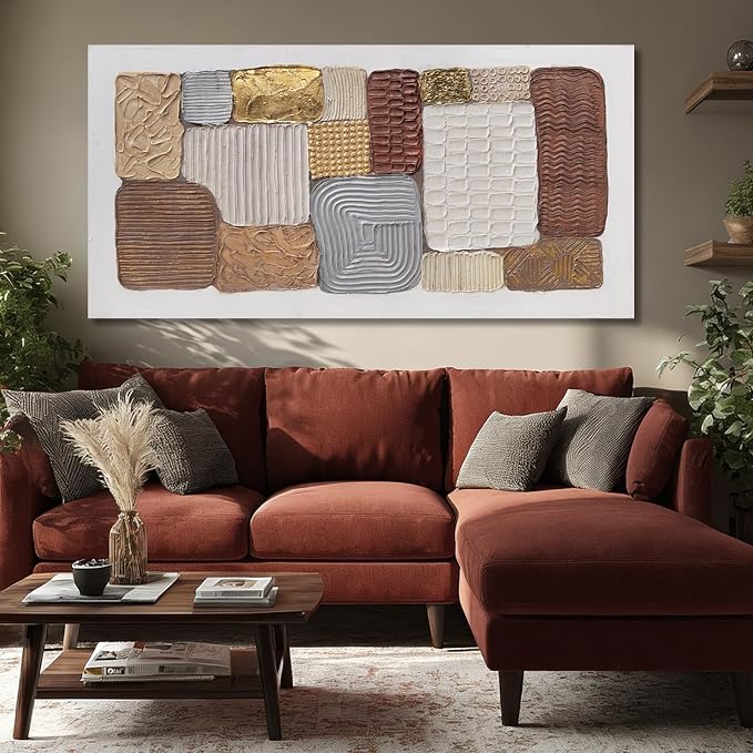 Dolidoteart Abstract Canvas Wall Art, Oversized Earth Tone Geometric Wall Decor Print, Neutral Brown Beige Gold Horizontal Artwork for Living Room Dining Room Office, 28x59 Inch