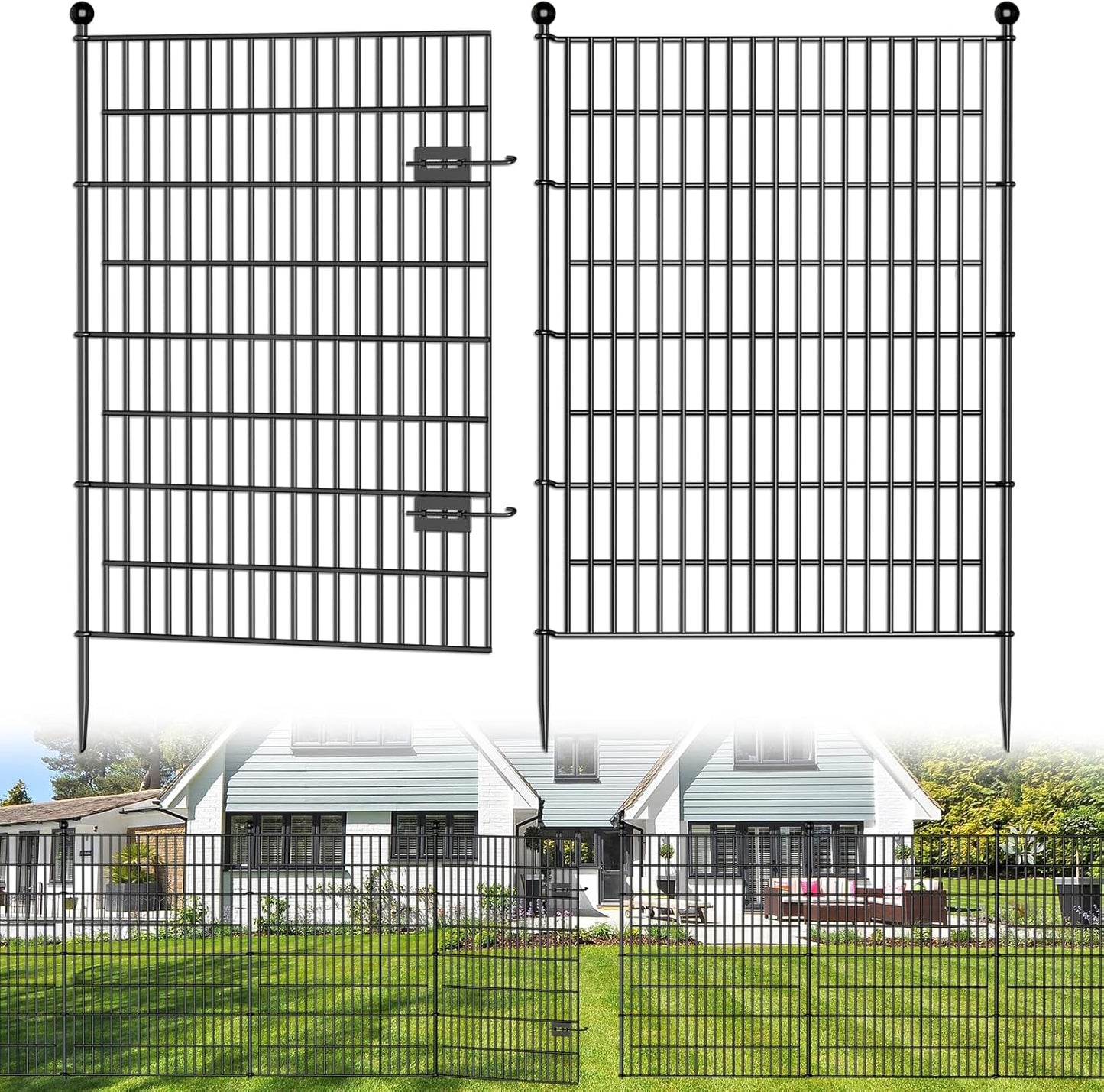 8 Panels No Dig Decorative Outdoor Garden Fence with Gate for Yard, 48 in(H) X 21 ft(L) Animal Barrier Fencing Rustproof Metal Wire Panel Border for Dog, Rabbits, and Patio Temporary Ground Stakes