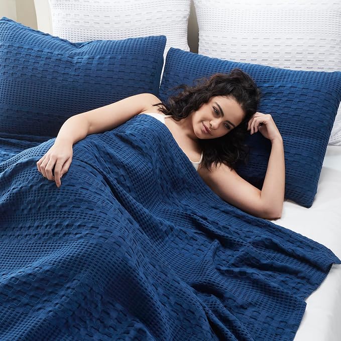 VHC Brands 100% Cotton Waffle Weave Queen Blanket 90"x90", Decorative Lightweight Spring and Summer Throw Blanket, Bedroom Decor for Bed, Couch, or Sofa, Navy